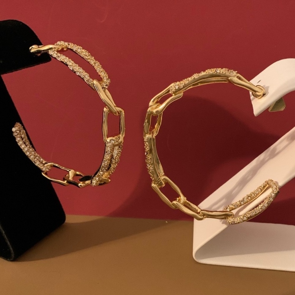 Alexis Bittar XL Golden Crystal Encrusted Textured Chain Link Hoop Post Earrings - Picture 14 of 16